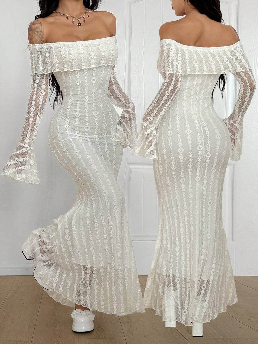 Women's white off the shoulder long sleeve lace dress featuring a slim fit silhouette.