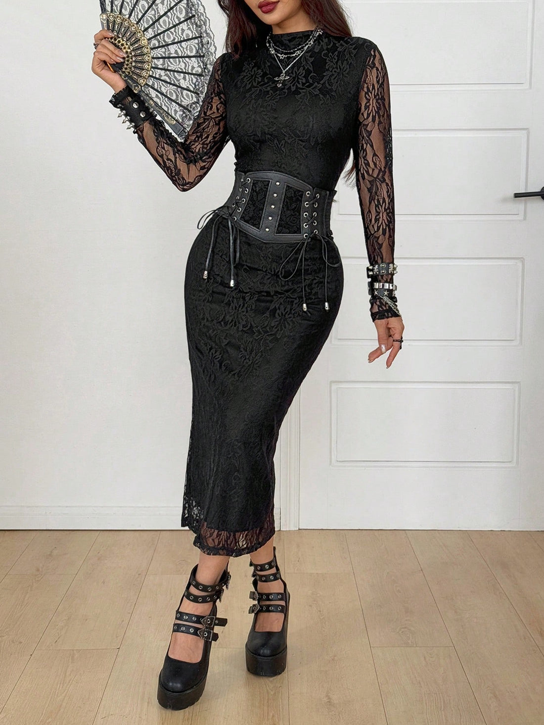 Black long sleeve midi bodycon dress for women featuring stand collar, hollow out split detail, pencil hem, and high waist design.
