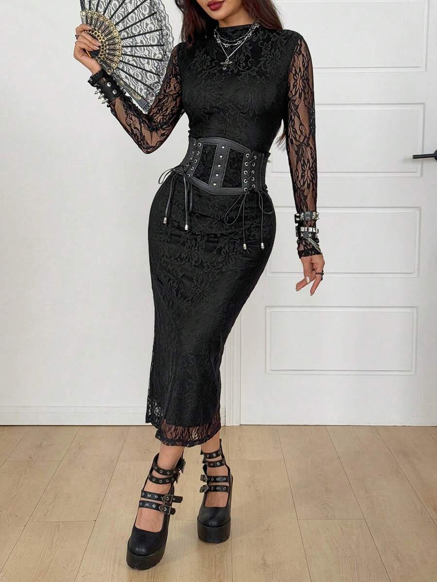 Black long sleeve midi bodycon dress for women featuring stand collar, hollow out split detail, pencil hem, and high waist design.