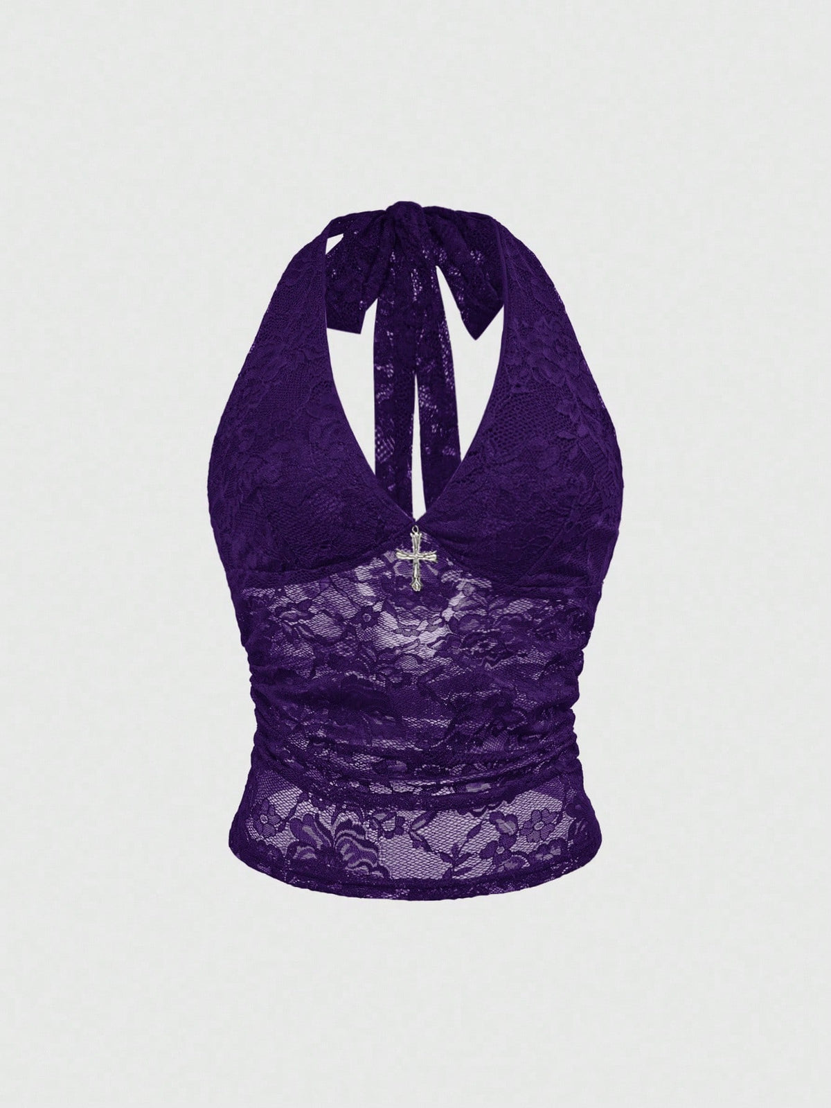 Black gothic halter lace cami crop top featuring ruched details and backless design for women