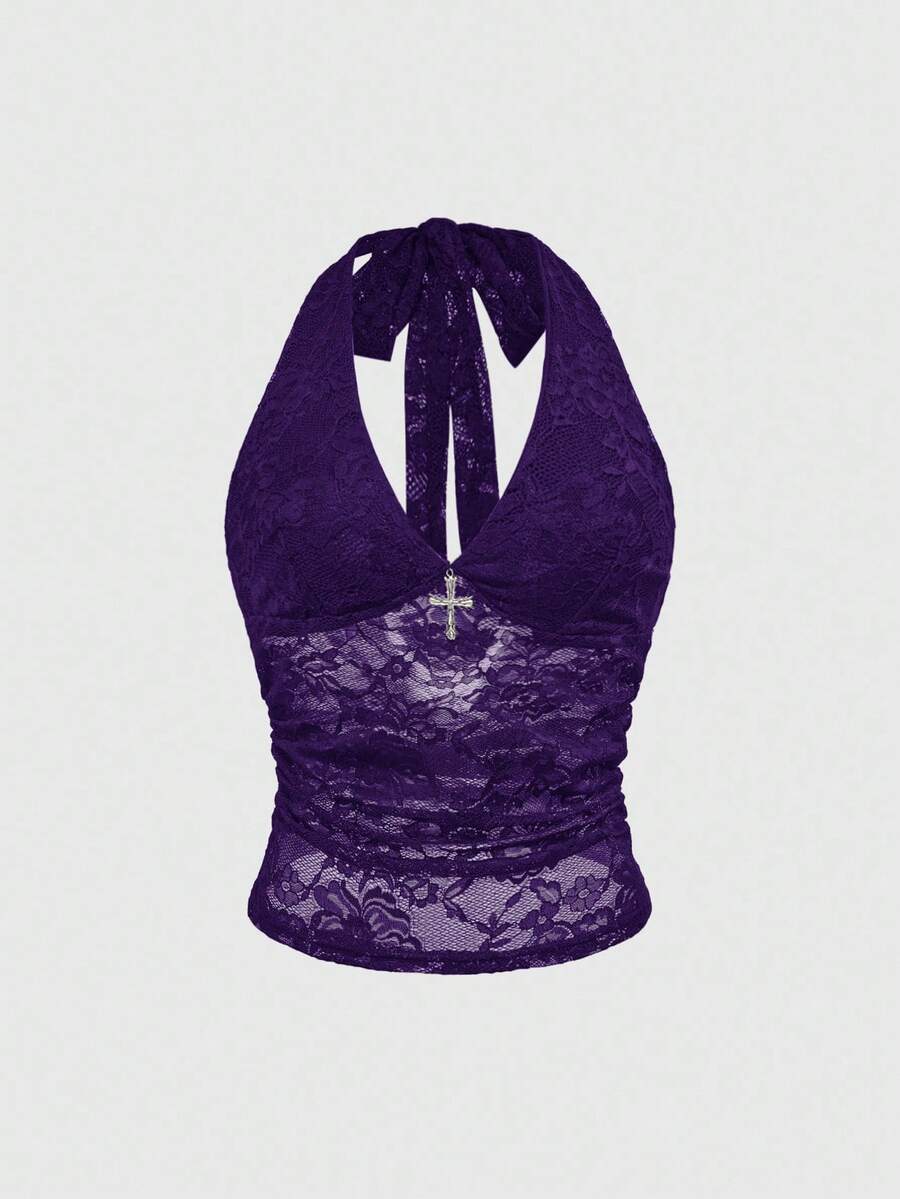 Black gothic halter lace cami crop top featuring ruched details and backless design for women