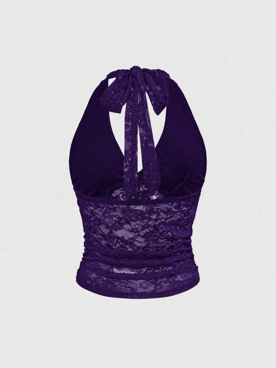 Black gothic halter lace cami crop top featuring ruched details and backless design for women