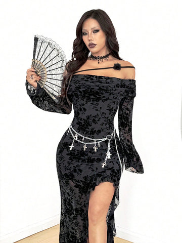 Women's black floral goth maxi dress with an asymmetrical neckline, long sleeves, semi-sheer knitted fabric, and a high split thigh hem in a slim fit bodycon style.