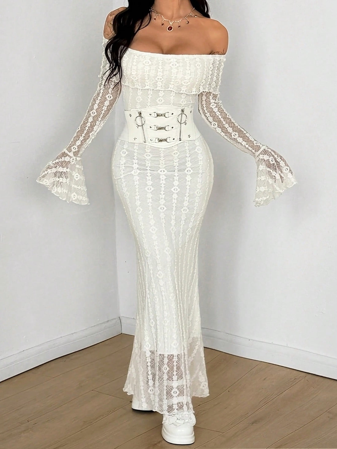 Women's white off the shoulder long sleeve lace dress featuring a slim fit silhouette.