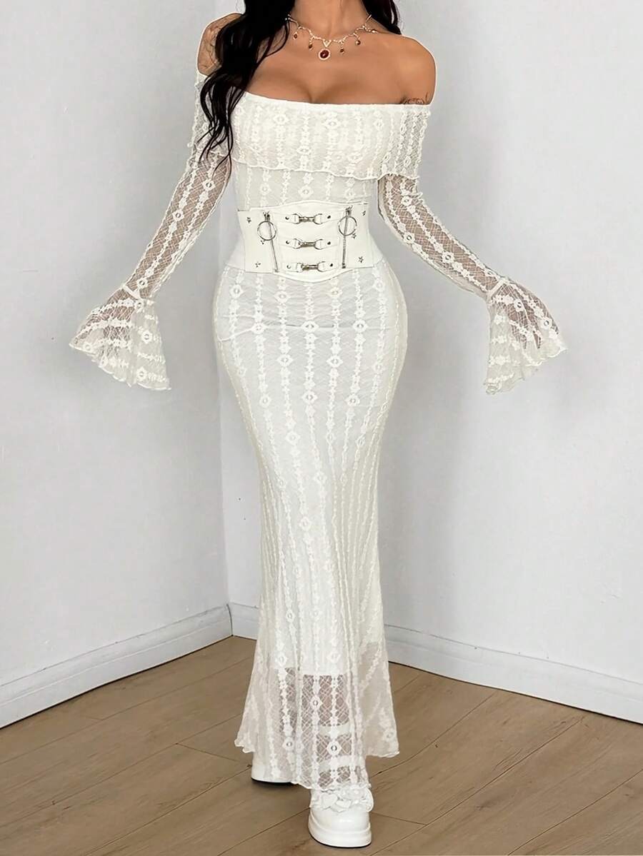 Women's white off the shoulder long sleeve lace dress featuring a slim fit silhouette.