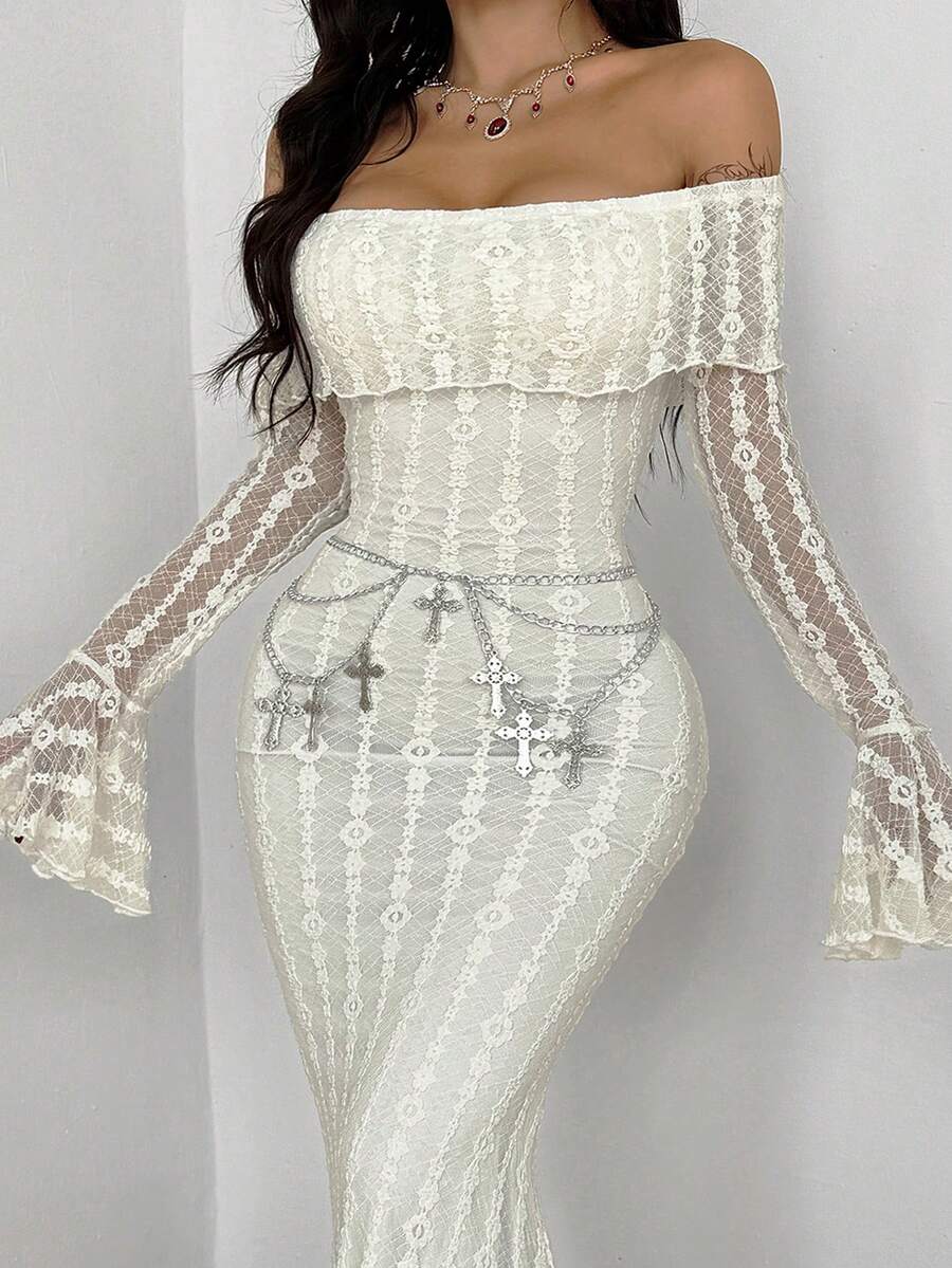 Women's white off the shoulder long sleeve lace dress featuring a slim fit silhouette.