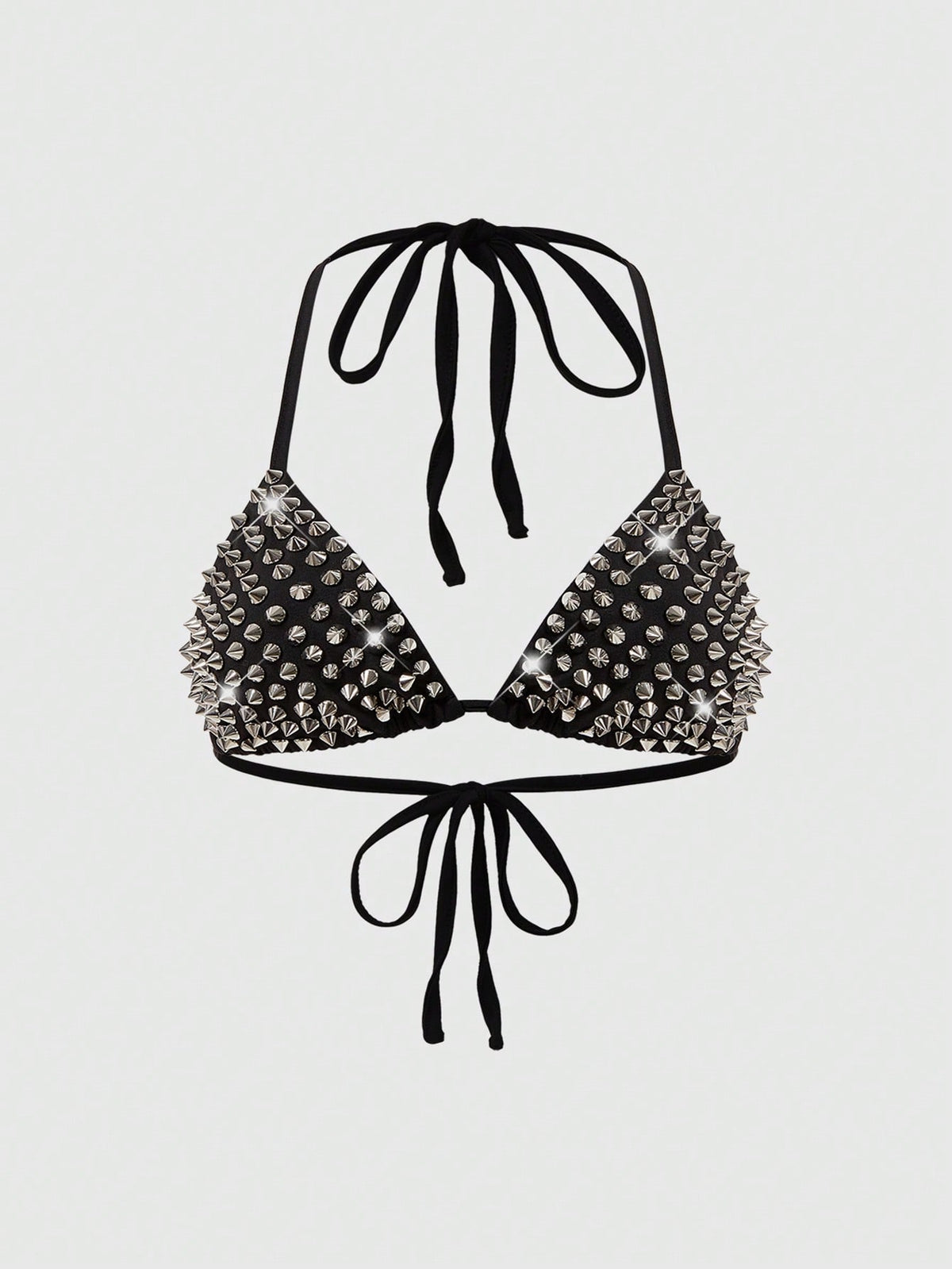 Black studded halter bikini top featuring a backless lace-up design, rhinestone accents, and high-stretch knitted fabric.