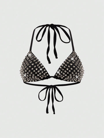 Black studded halter bikini top featuring a backless lace-up design, rhinestone accents, and high-stretch knitted fabric.