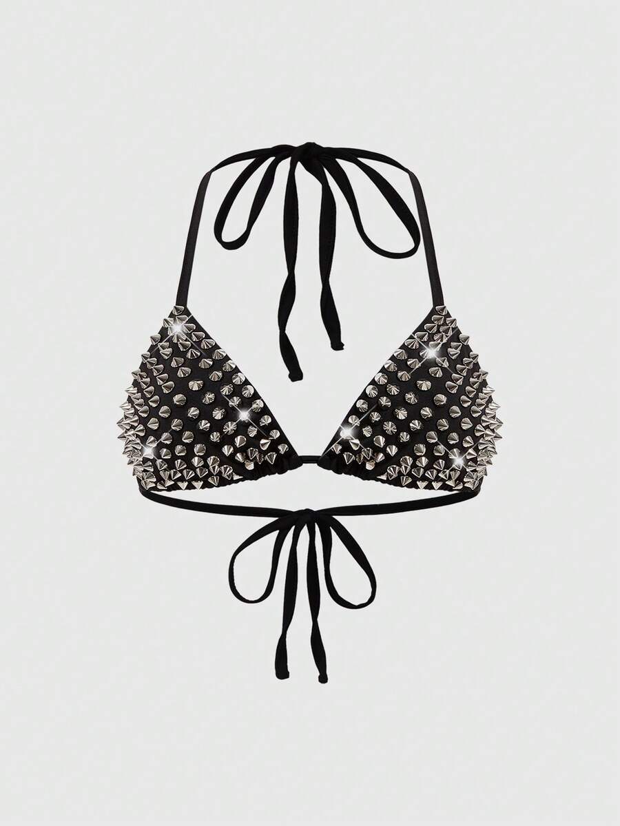 Black studded halter bikini top featuring a backless lace-up design, rhinestone accents, and high-stretch knitted fabric.