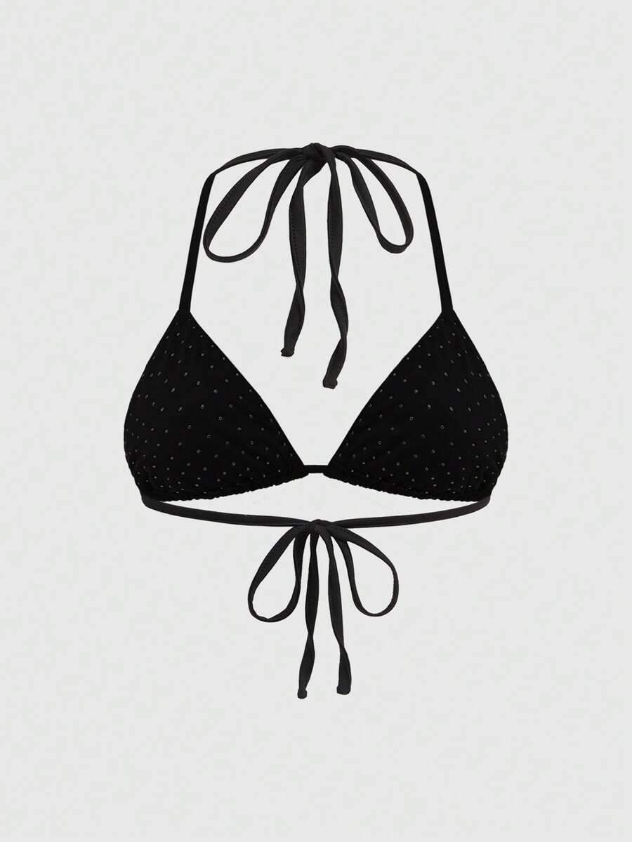 Black studded halter bikini top featuring a backless lace-up design, rhinestone accents, and high-stretch knitted fabric.