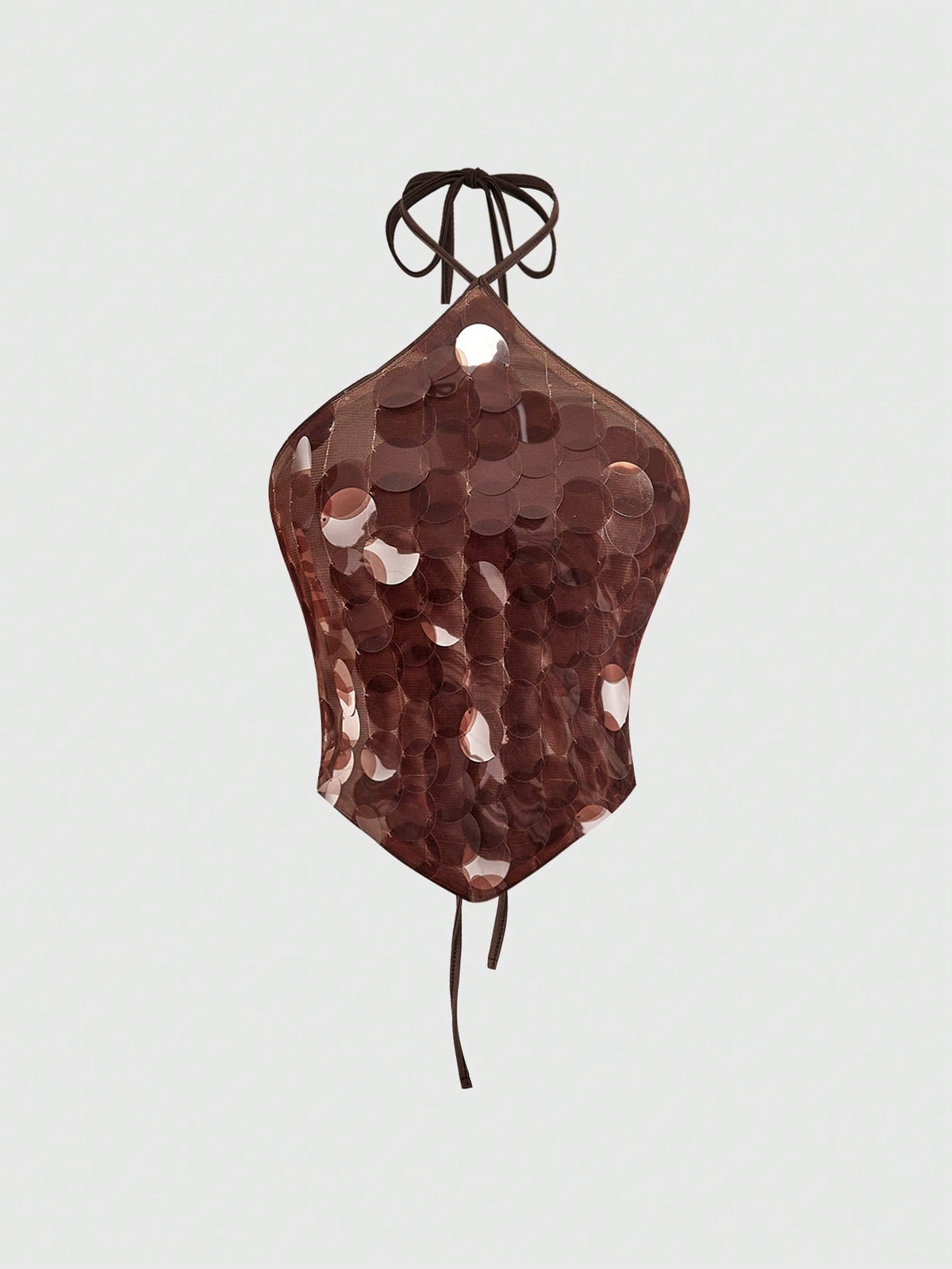 Brown sequin halter crop top with asymmetrical knot hem and backless design for women.