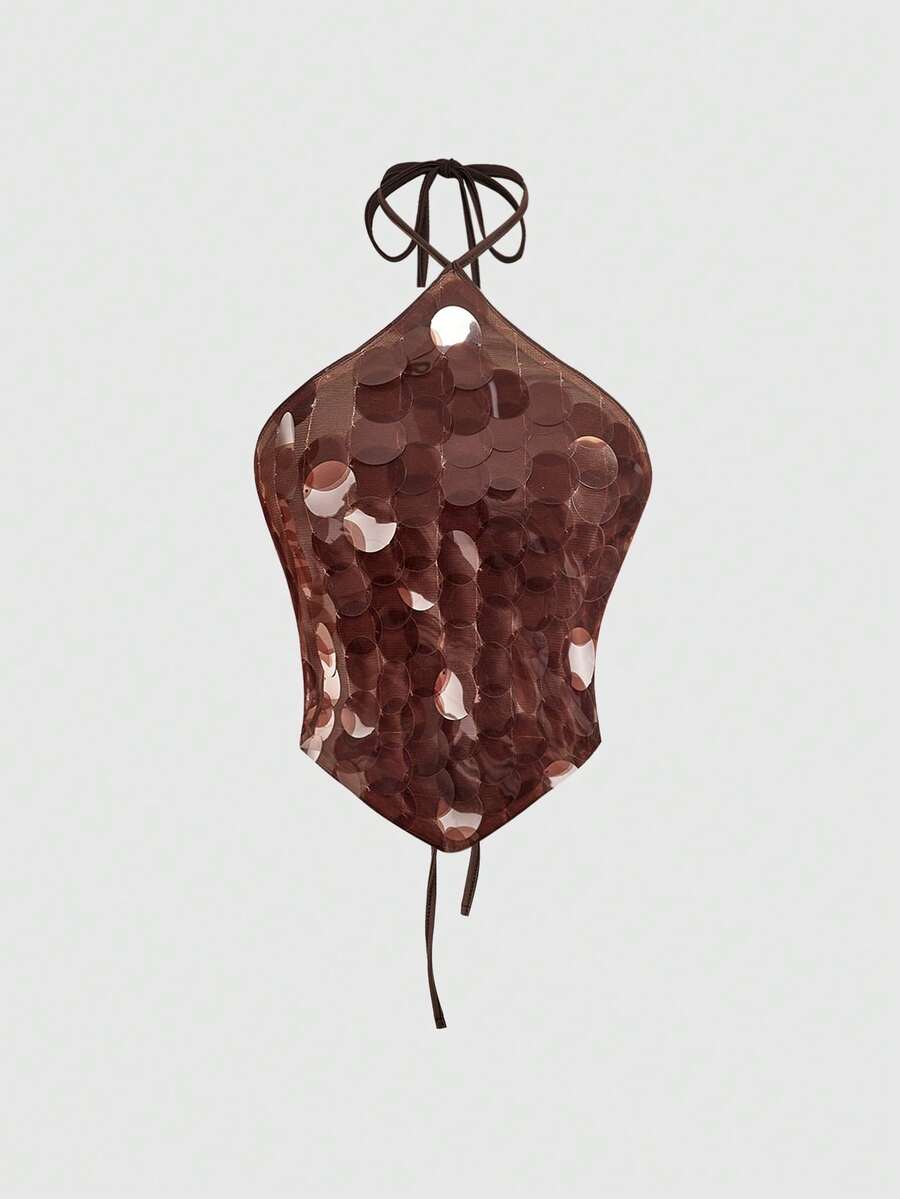 Brown sequin halter crop top with asymmetrical knot hem and backless design for women.