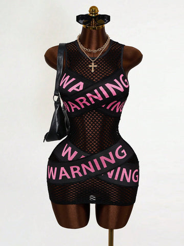 Women's black sheer mesh bodycon mini dress featuring slogan graphic print, round neckline, cut-out pointelle details, and a sleeveless slim fit pencil silhouette.