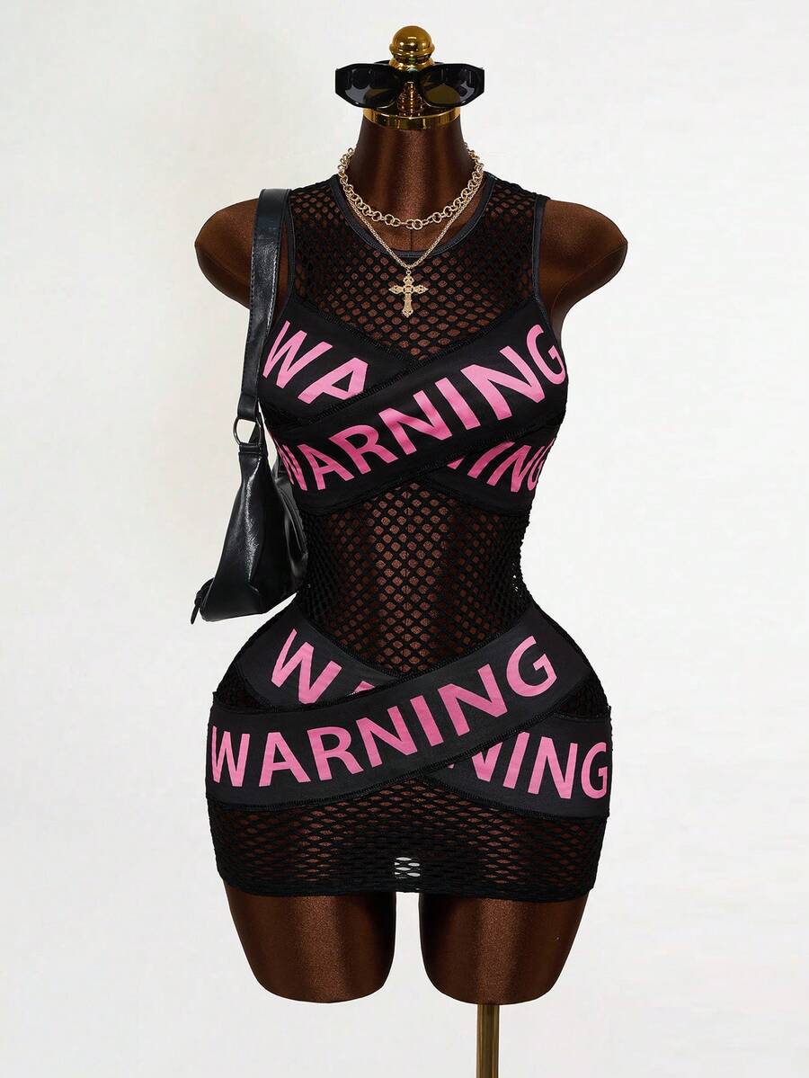 Women's black sheer mesh bodycon mini dress featuring slogan graphic print, round neckline, cut-out pointelle details, and a sleeveless slim fit pencil silhouette.