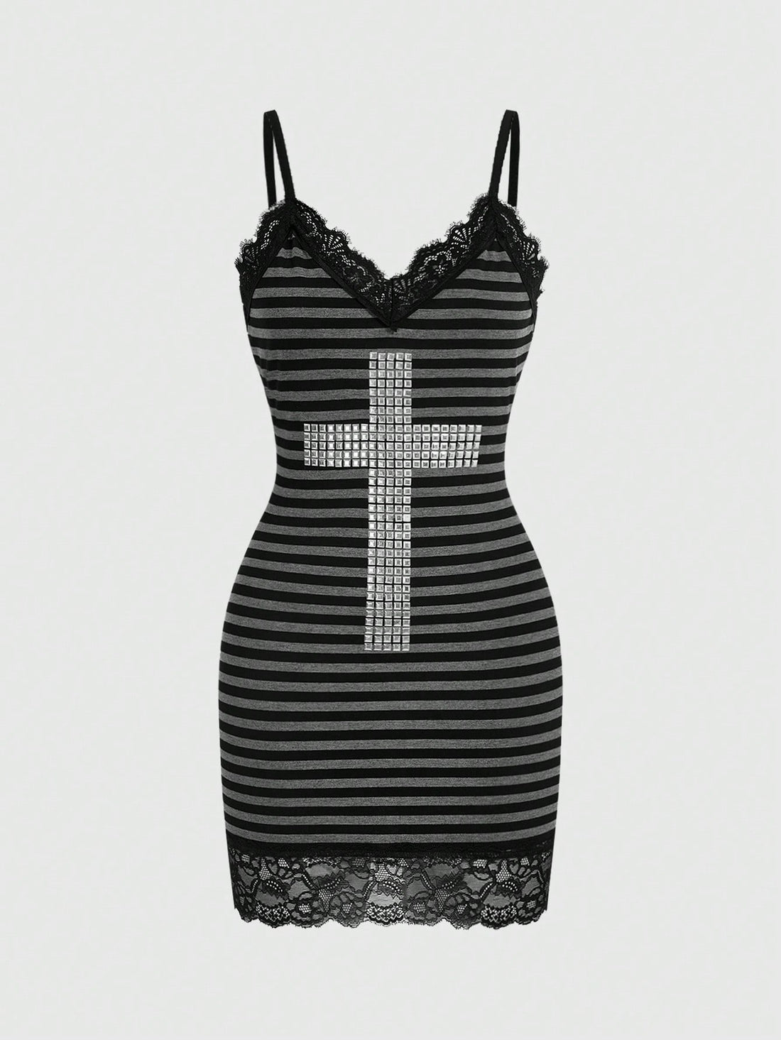 Women's black striped Y2K cami mini dress featuring delicate spaghetti straps, contrast lace detail, high waist, and slim fit pencil silhouette.