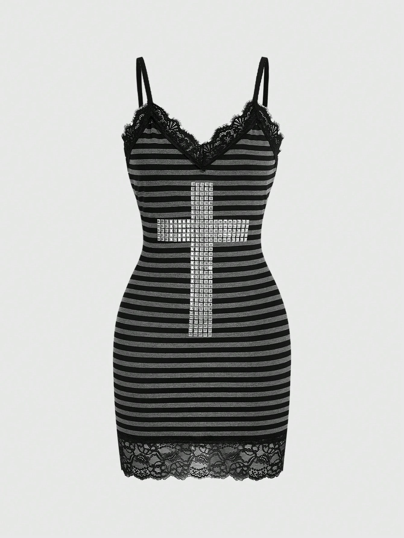 Women's black striped Y2K cami mini dress featuring delicate spaghetti straps, contrast lace detail, high waist, and slim fit pencil silhouette.