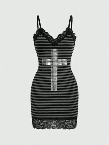 Women's black striped Y2K cami mini dress featuring delicate spaghetti straps, contrast lace detail, high waist, and slim fit pencil silhouette.