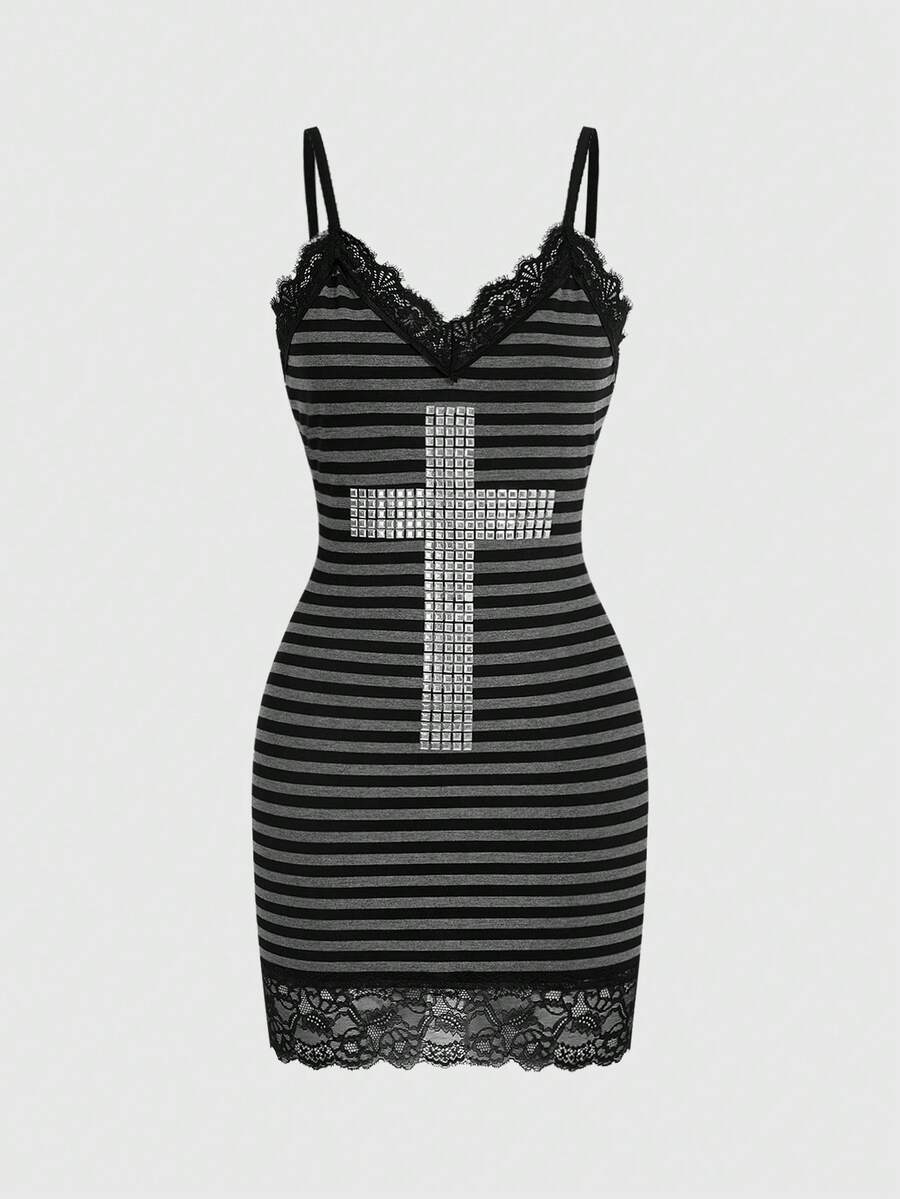 Women's black striped Y2K cami mini dress featuring delicate spaghetti straps, contrast lace detail, high waist, and slim fit pencil silhouette.