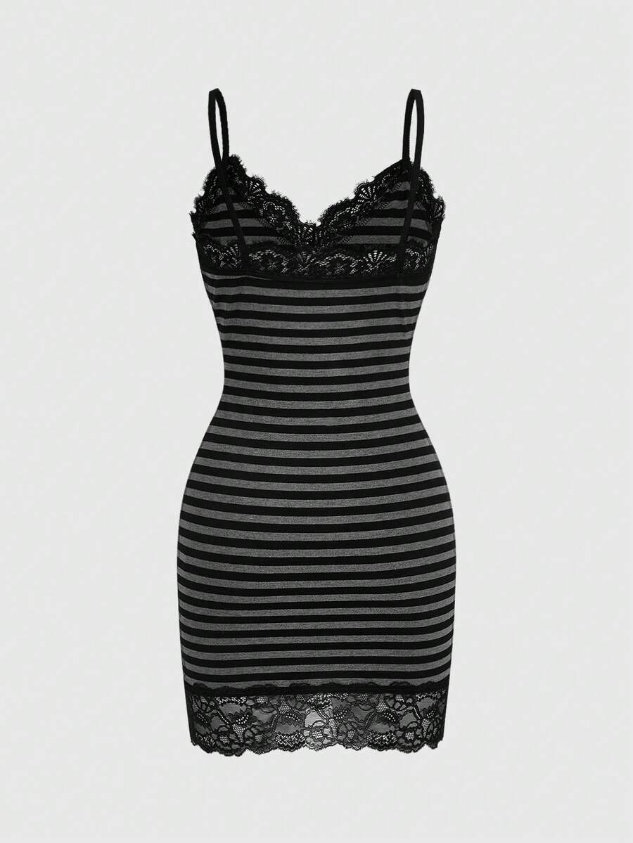 Women's black striped Y2K cami mini dress featuring delicate spaghetti straps, contrast lace detail, high waist, and slim fit pencil silhouette.