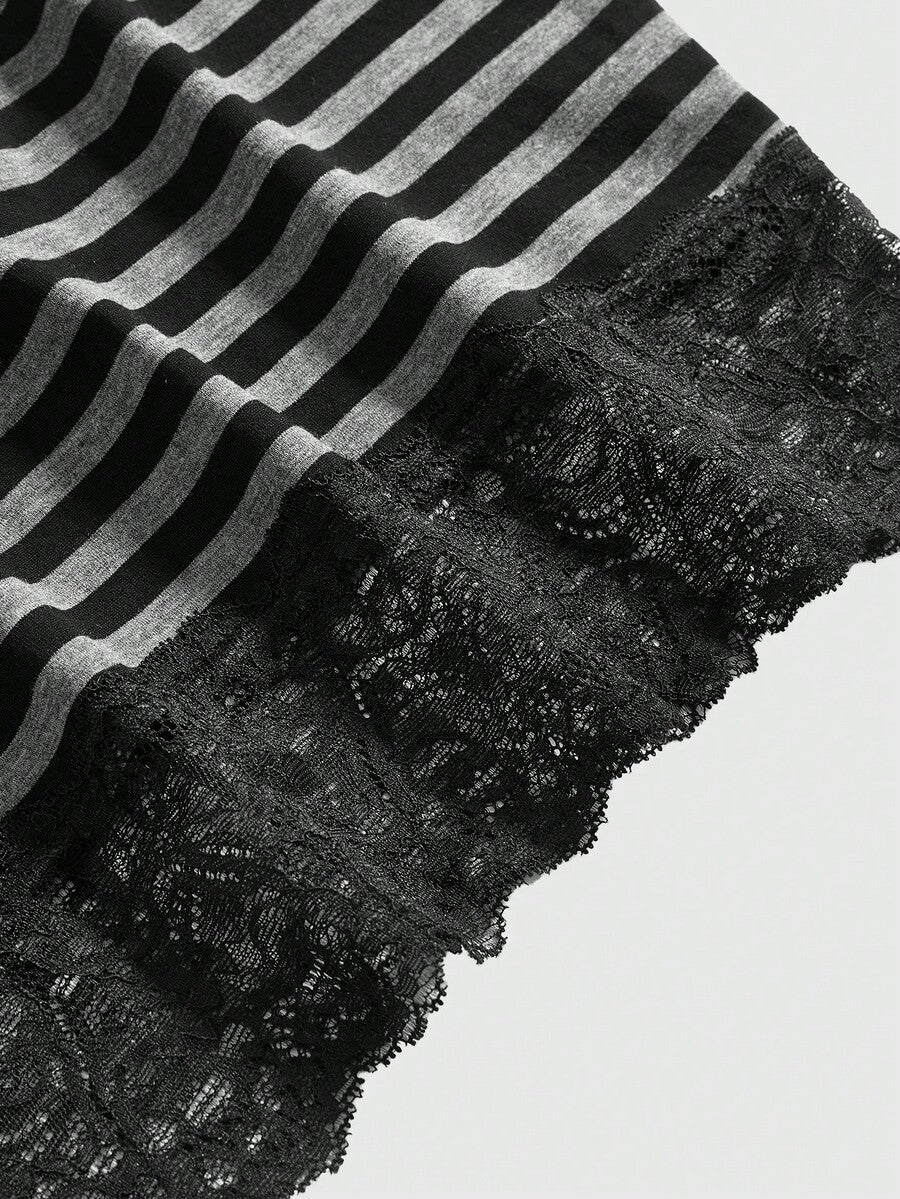 Women's black striped Y2K cami mini dress featuring delicate spaghetti straps, contrast lace detail, high waist, and slim fit pencil silhouette.