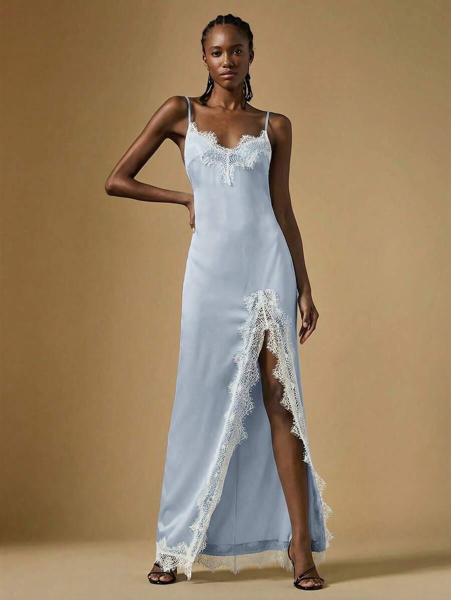 Women's black lace split satin long dress featuring spaghetti straps, asymmetrical slit hem, and matching arm sleeves.
