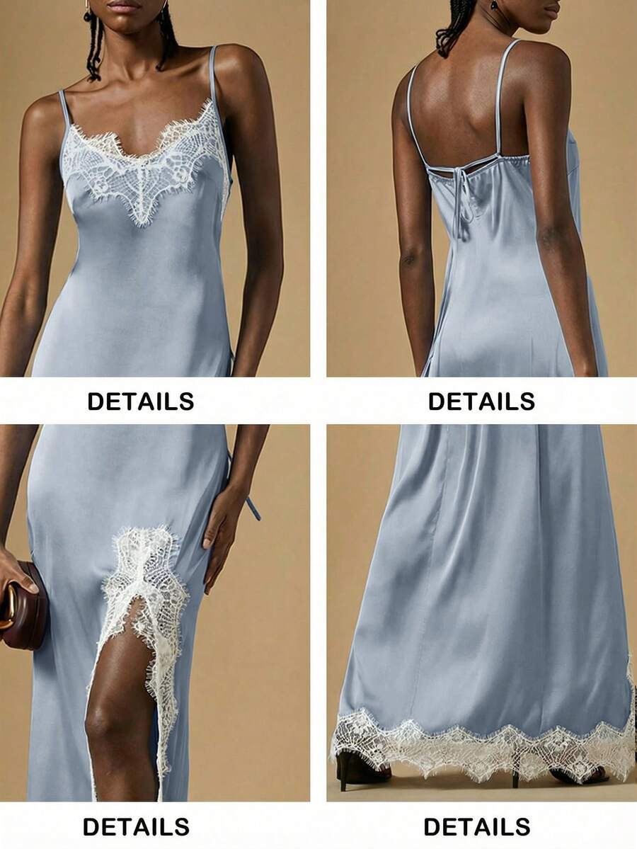 Women's black lace split satin long dress featuring spaghetti straps, asymmetrical slit hem, and matching arm sleeves.