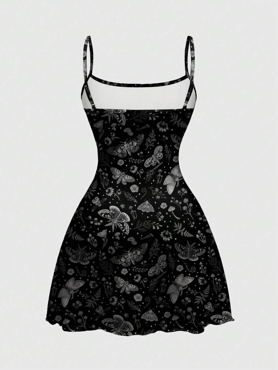 Beige graphic cami mini dress for women featuring a backless slim fit design, high waist flared hem, lettuce trim, spaghetti straps, and arm sleeves.
