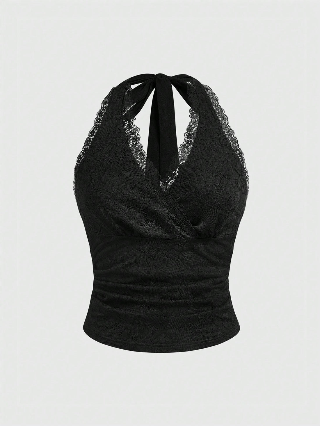 Women's black fitted halter neck camisole featuring contrast lace details, a V-neckline, knot detail, and backless design.