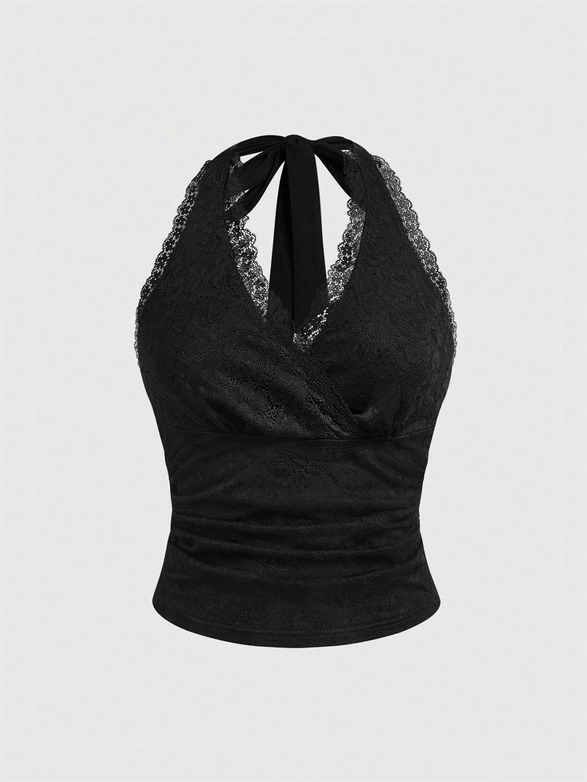 Women's black fitted halter neck camisole featuring contrast lace details, a V-neckline, knot detail, and backless design.