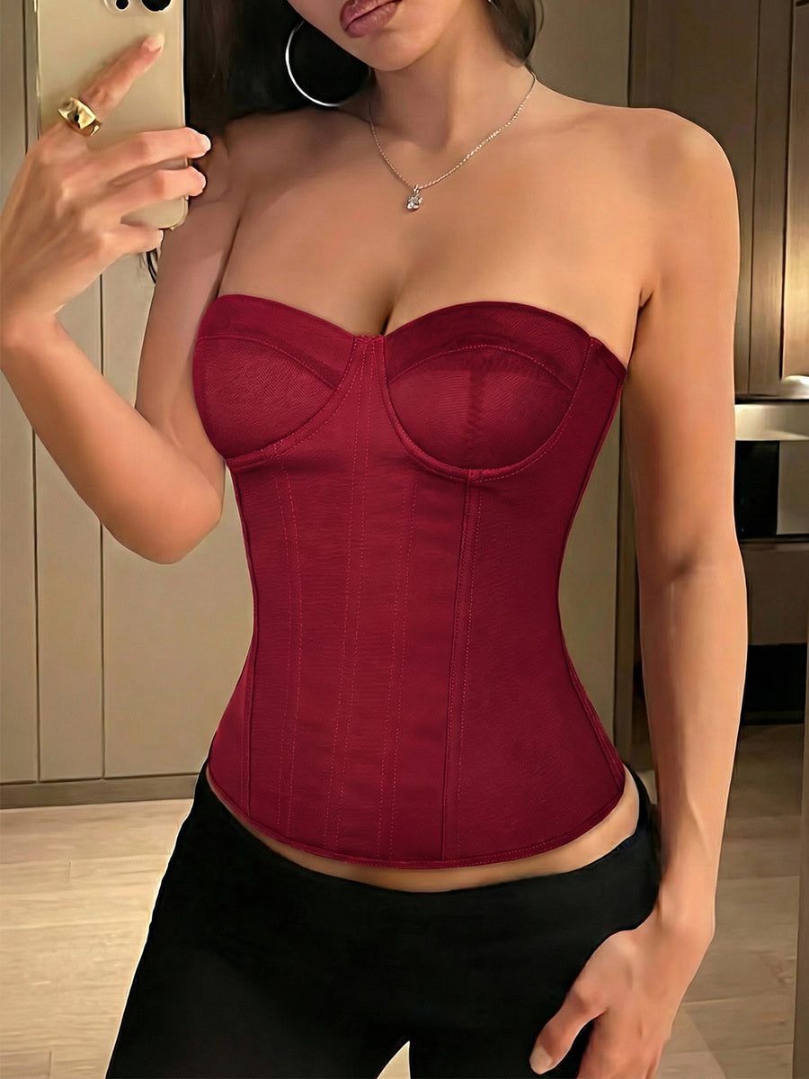 Red strapless corset top with boning and lace-up back, slim fit cropped tube top for women.
