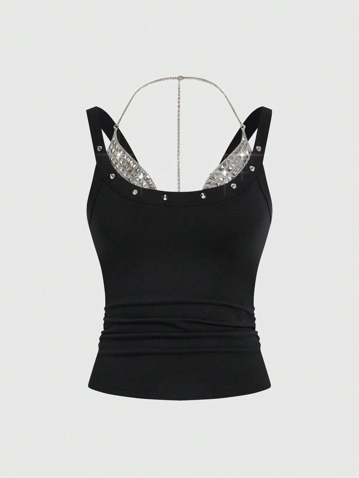 Backless grommet cami tank top featuring slim fit silhouette and strap details on knitted fabric