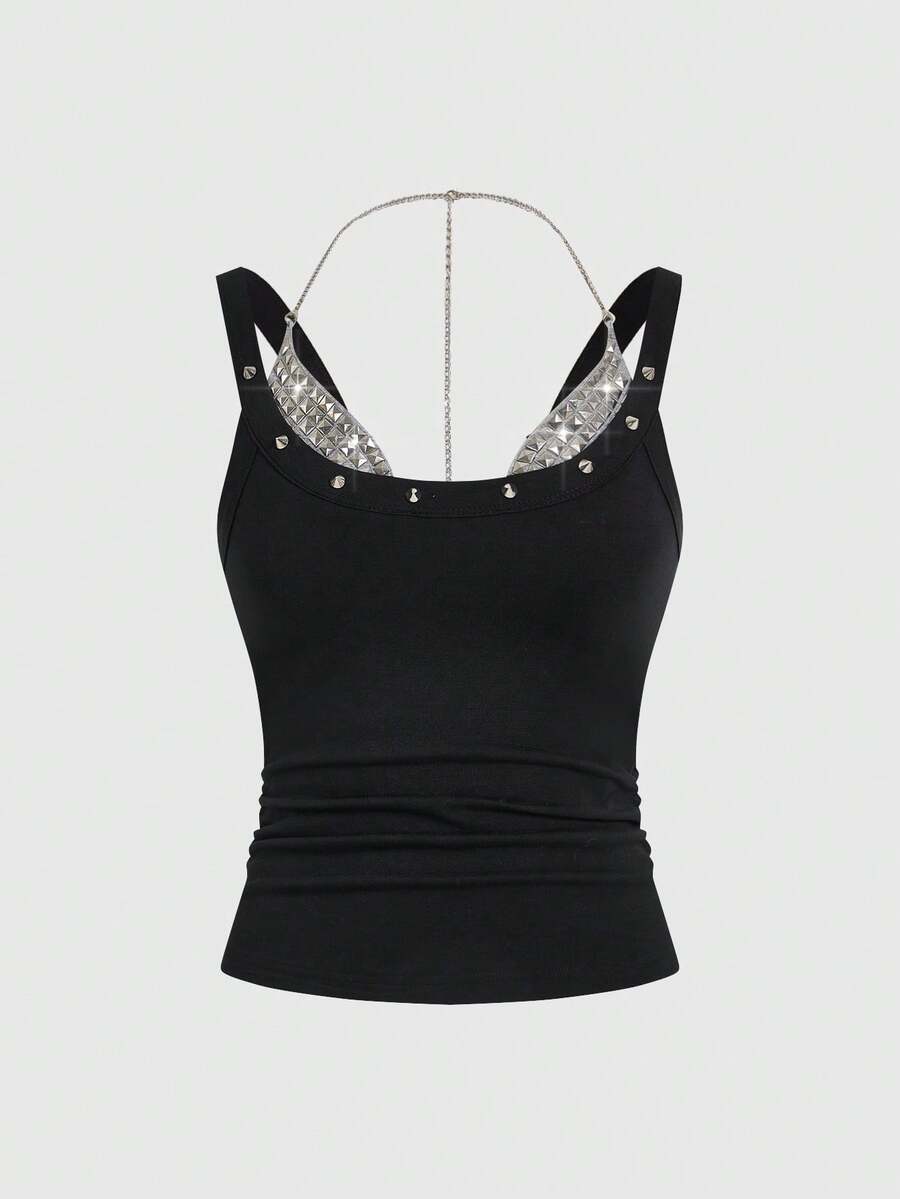 Backless grommet cami tank top featuring slim fit silhouette and strap details on knitted fabric