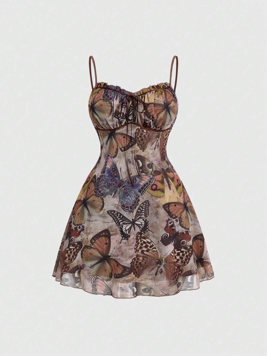 Women's brown boho cami mini dress featuring a graphic butterfly print, spaghetti straps, high waist flared hem, and matching arm sleeves in high-stretch mesh fabric.