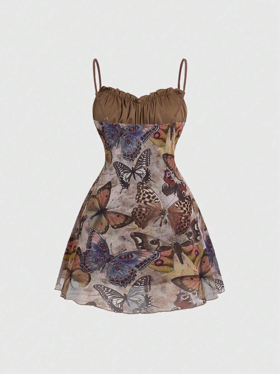 Women's brown boho cami mini dress featuring a graphic butterfly print, spaghetti straps, high waist flared hem, and matching arm sleeves in high-stretch mesh fabric.