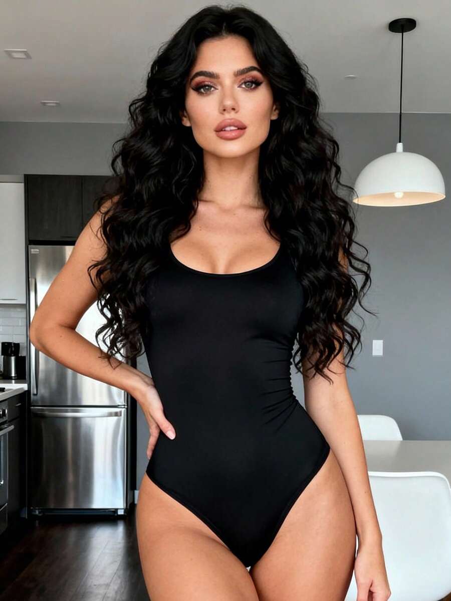 Brown seamless shapewear bodysuit featuring backless design, thong bottom, non-removable padding, and high-stretch fabric for tummy and waist control.