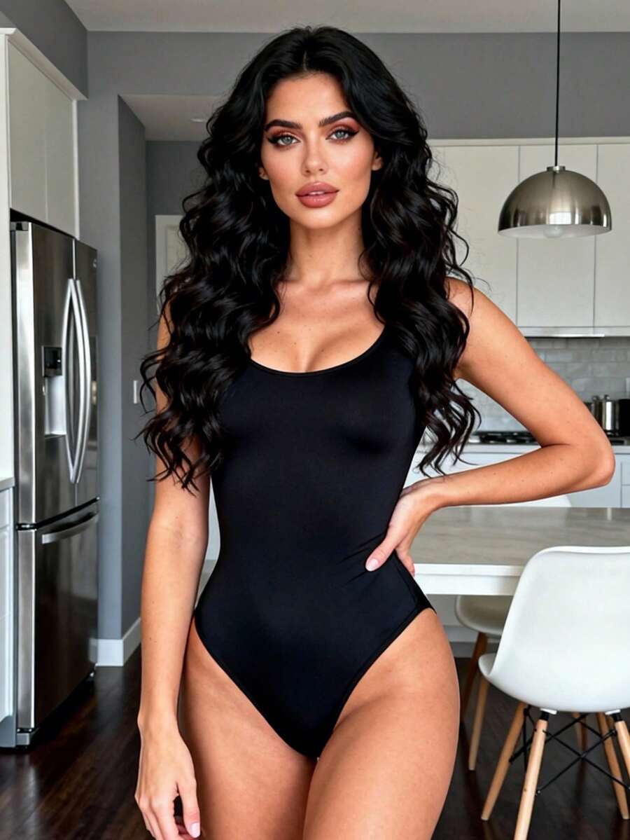 Brown seamless shapewear bodysuit featuring backless design, thong bottom, non-removable padding, and high-stretch fabric for tummy and waist control.