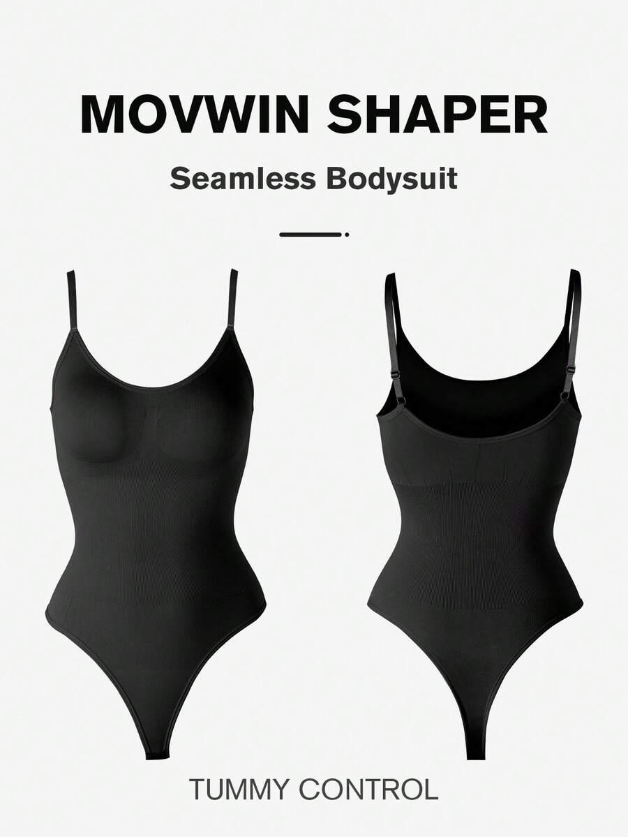 Brown seamless shapewear bodysuit featuring backless design, thong bottom, non-removable padding, and high-stretch fabric for tummy and waist control.