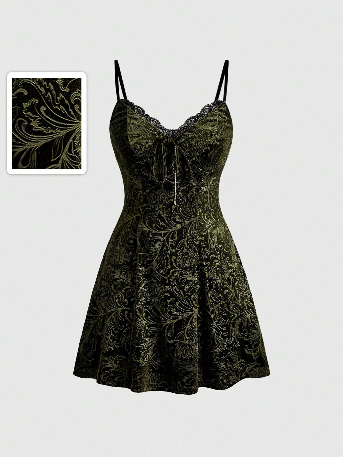 Women's black goth lace patchwork velvet mini slip dress with spaghetti straps, cup detail, high waist, and flared hem.