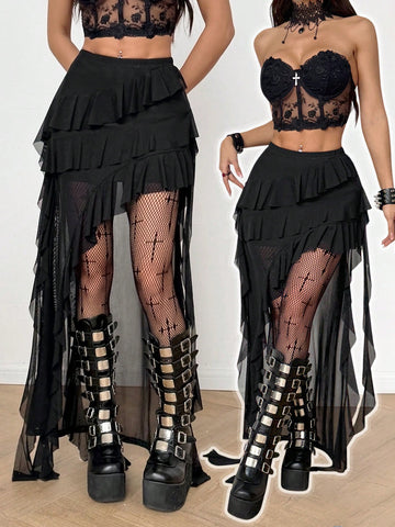Women's black asymmetrical long skirt with ruffle hem and low waist design in knitted fabric.