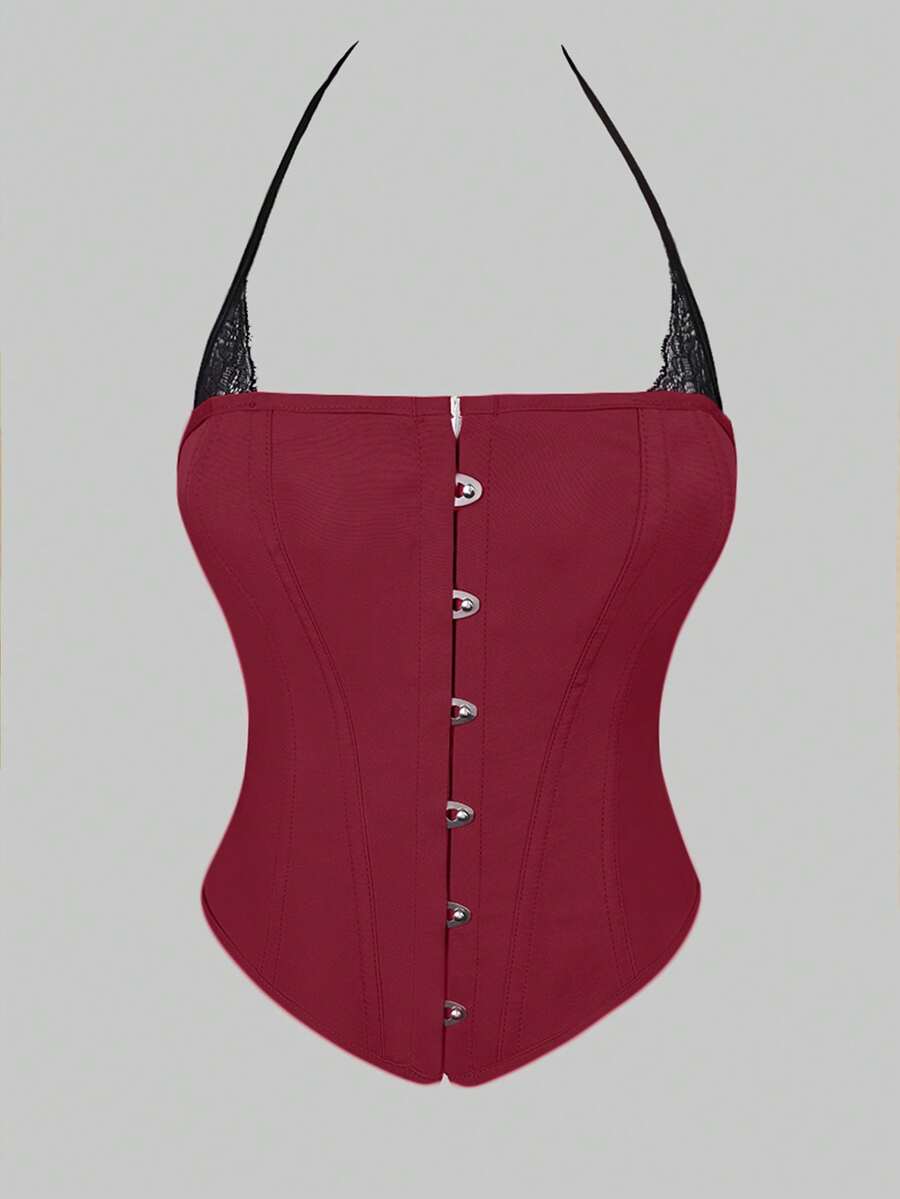 Black Y2K fitted corset crop top featuring a halter neckline, backless design, front hook closure, and back lace-up detail.