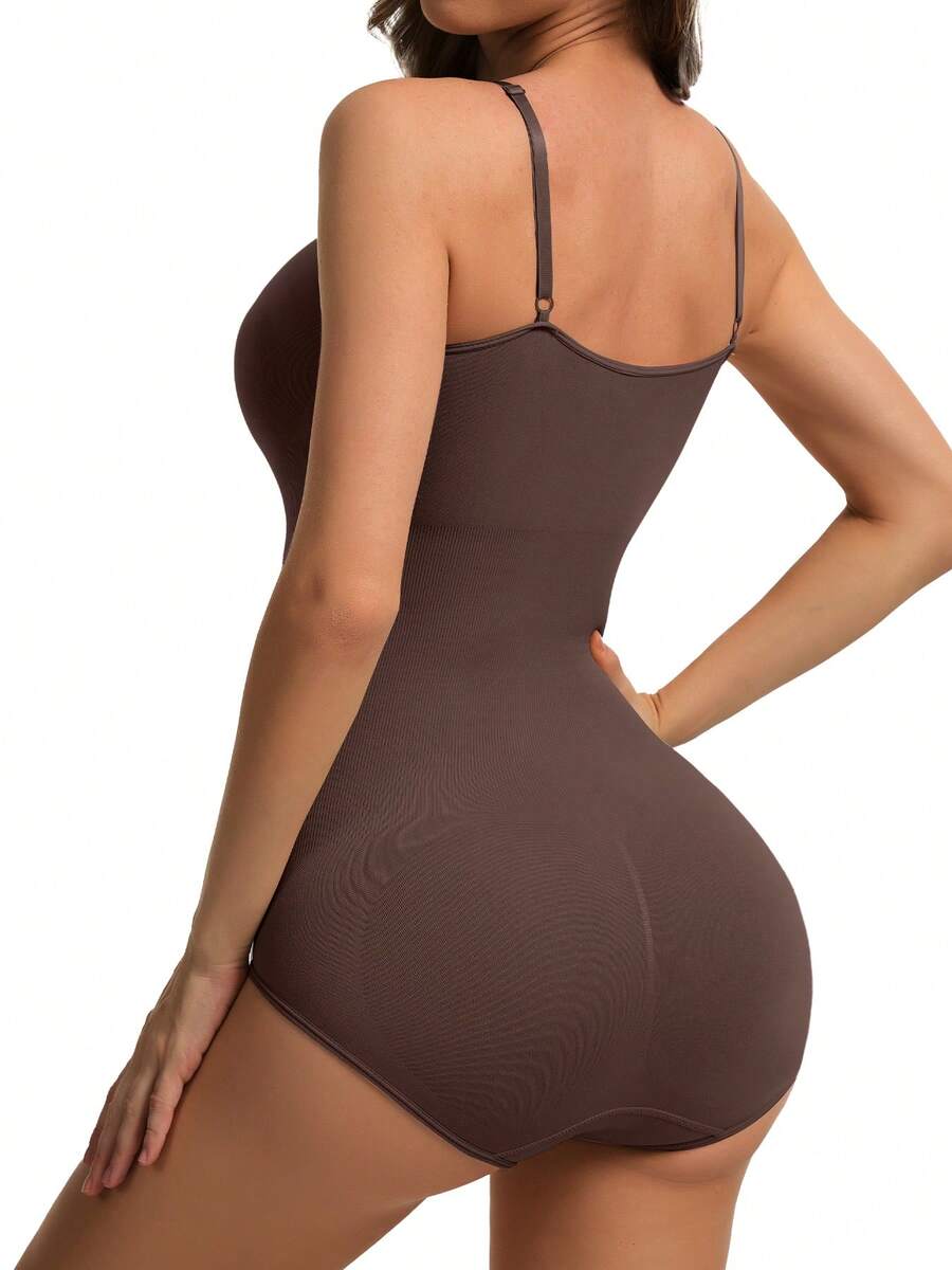 3-pack women's seamless body shaper bodysuits featuring adjustable wide shoulder straps, tummy control panel, snap crotch closure, and plain knitted fabric.