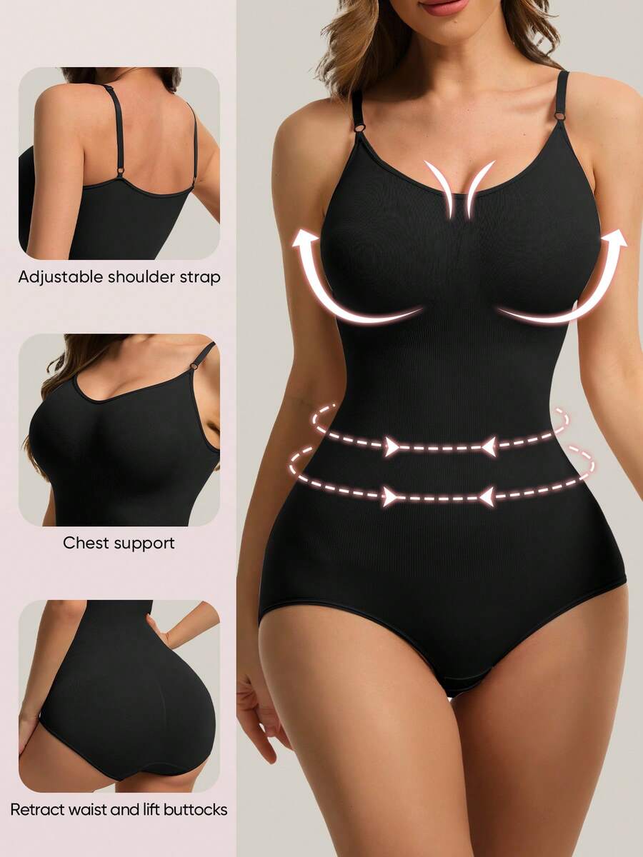 3-pack women's seamless body shaper bodysuits featuring adjustable wide shoulder straps, tummy control panel, snap crotch closure, and plain knitted fabric.