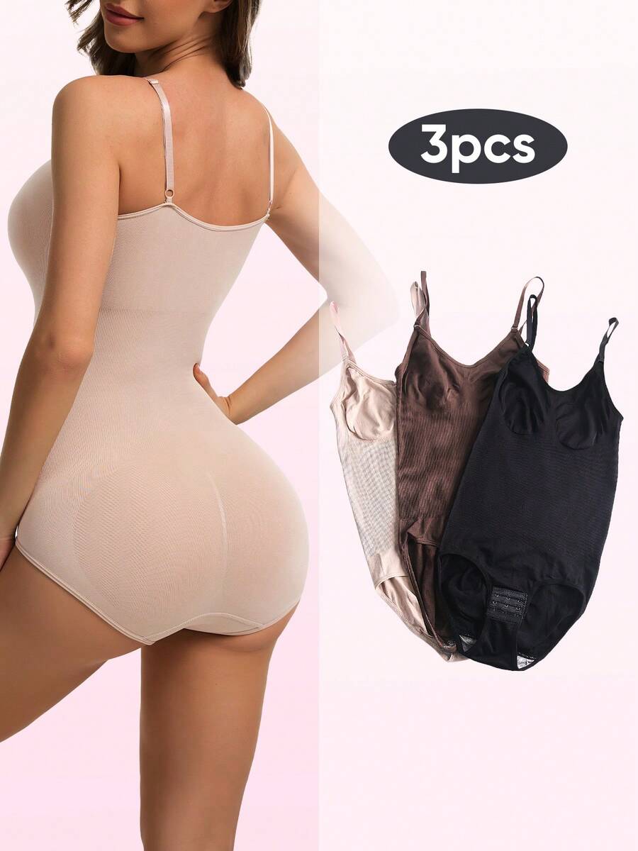 3-pack women's seamless body shaper bodysuits featuring adjustable wide shoulder straps, tummy control panel, snap crotch closure, and plain knitted fabric.