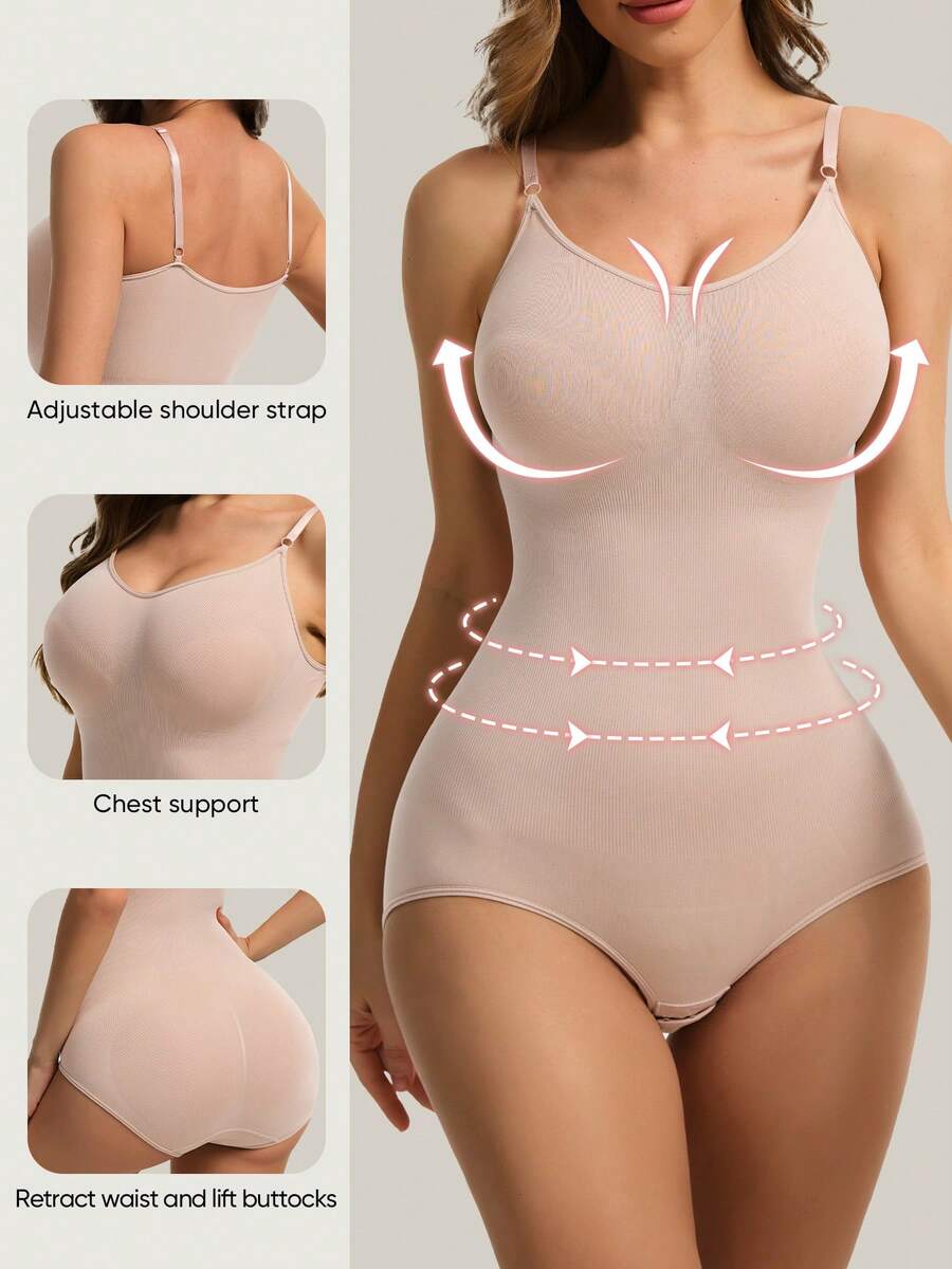 3-pack women's seamless body shaper bodysuits featuring adjustable wide shoulder straps, tummy control panel, snap crotch closure, and plain knitted fabric.