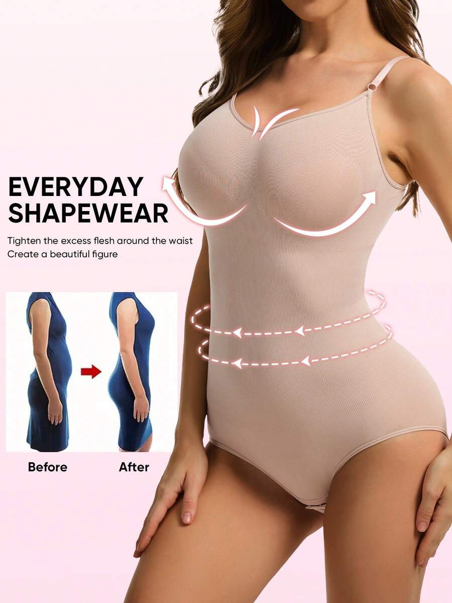 3-pack women's seamless body shaper bodysuits featuring adjustable wide shoulder straps, tummy control panel, snap crotch closure, and plain knitted fabric.