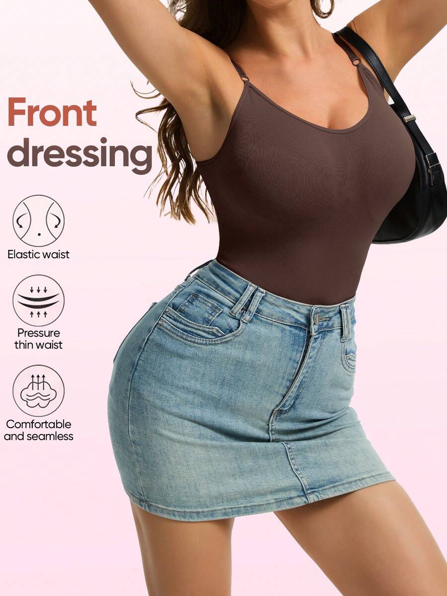 3-pack women's seamless body shaper bodysuits featuring adjustable wide shoulder straps, tummy control panel, snap crotch closure, and plain knitted fabric.