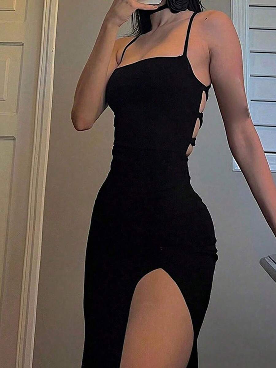 Women's backless sleeveless midi party dress with spaghetti straps and a high slit