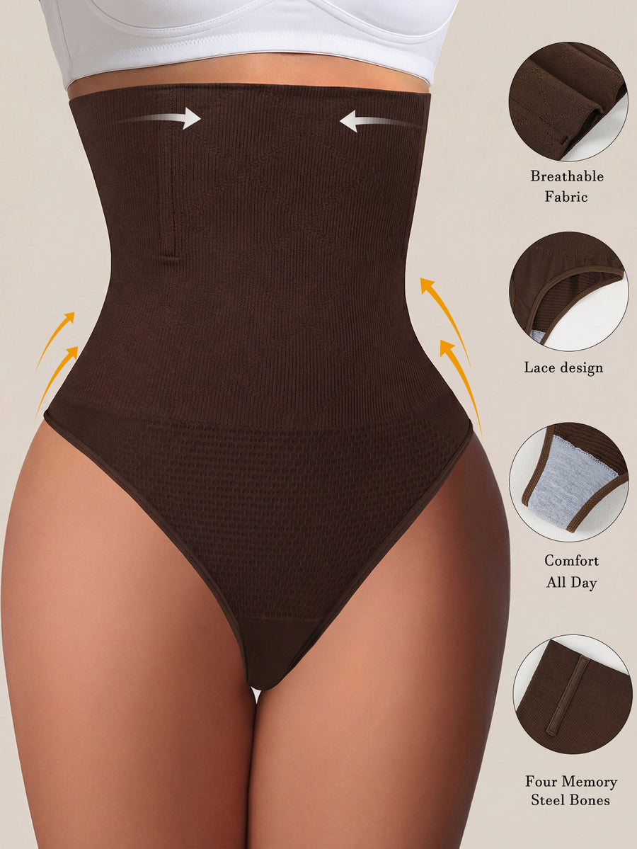 Black high waist seamless tummy control panties for women featuring high-stretch knitted fabric and contrast mesh details.