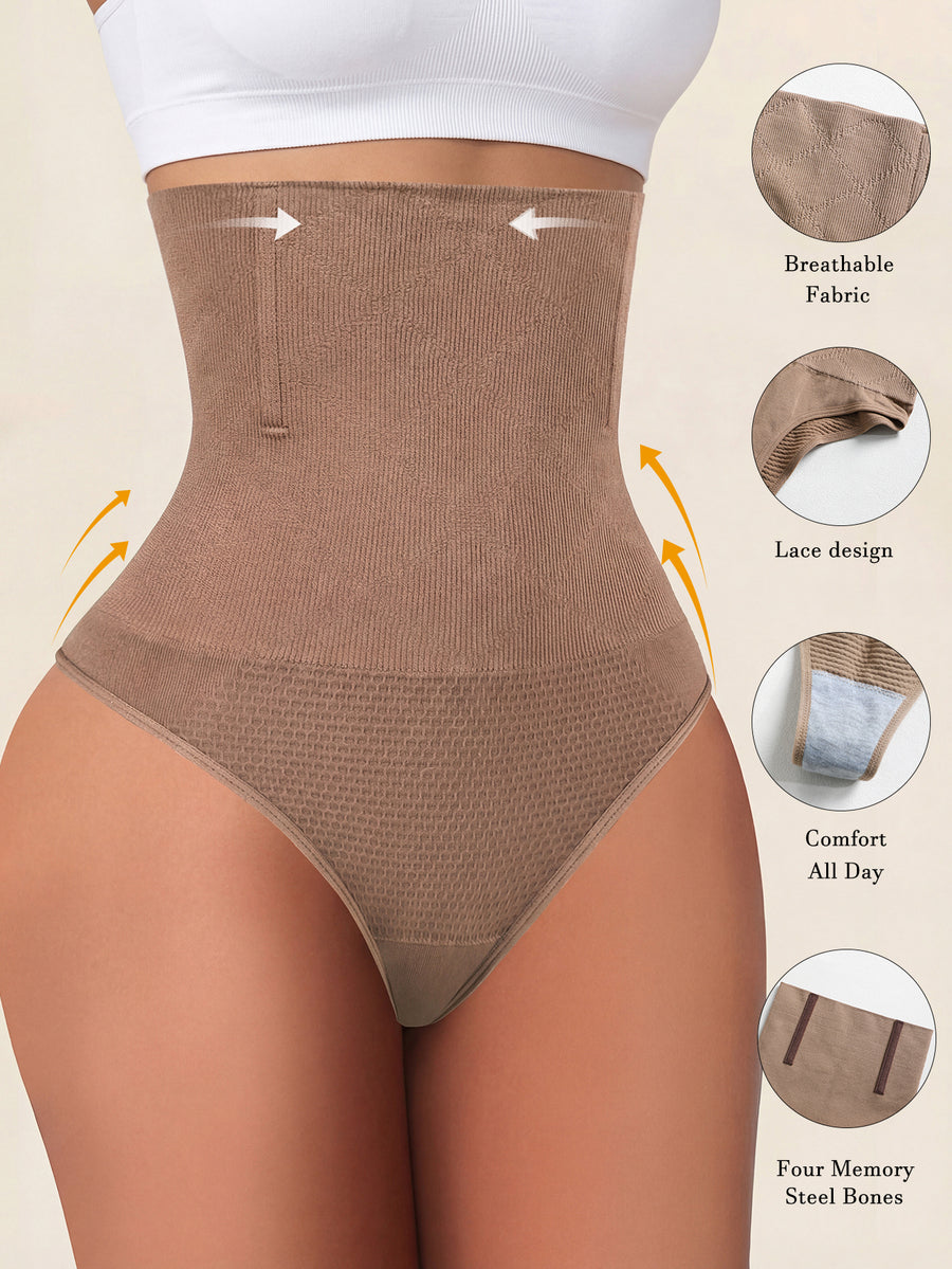 Black high waist seamless tummy control panties for women featuring high-stretch knitted fabric and contrast mesh details.