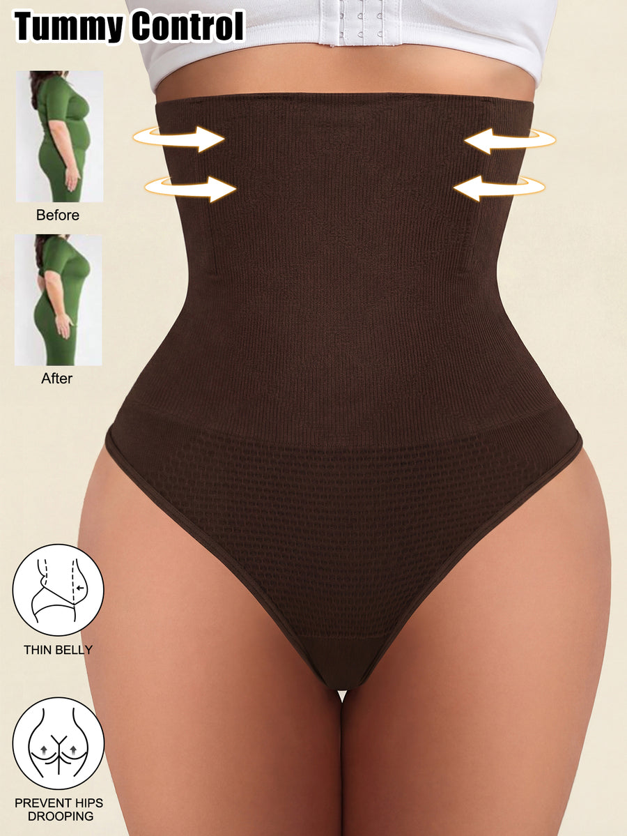 Black high waist seamless tummy control panties for women featuring high-stretch knitted fabric and contrast mesh details.